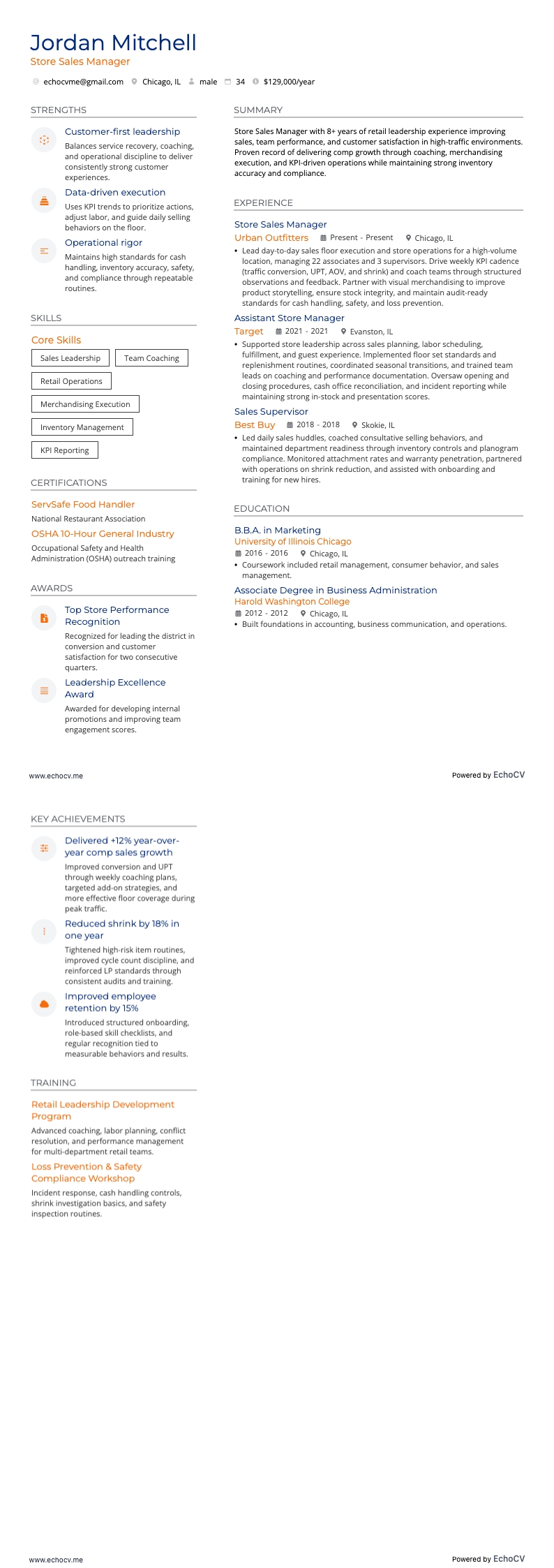 Store Sales Manager example resume