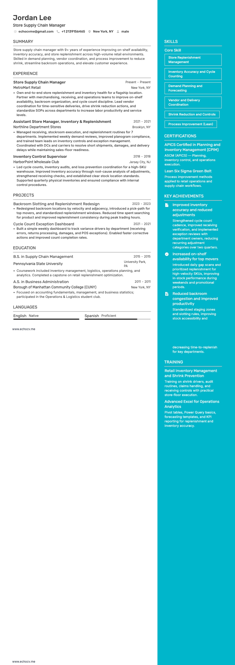 Store Supply Chain Manager example resume