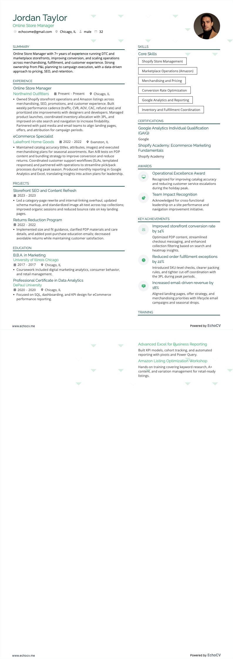 Online Store Manager example resume