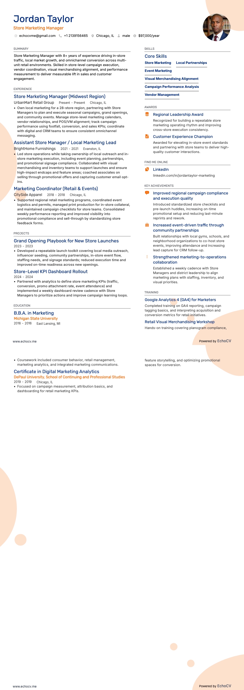 Store Marketing Manager example resume