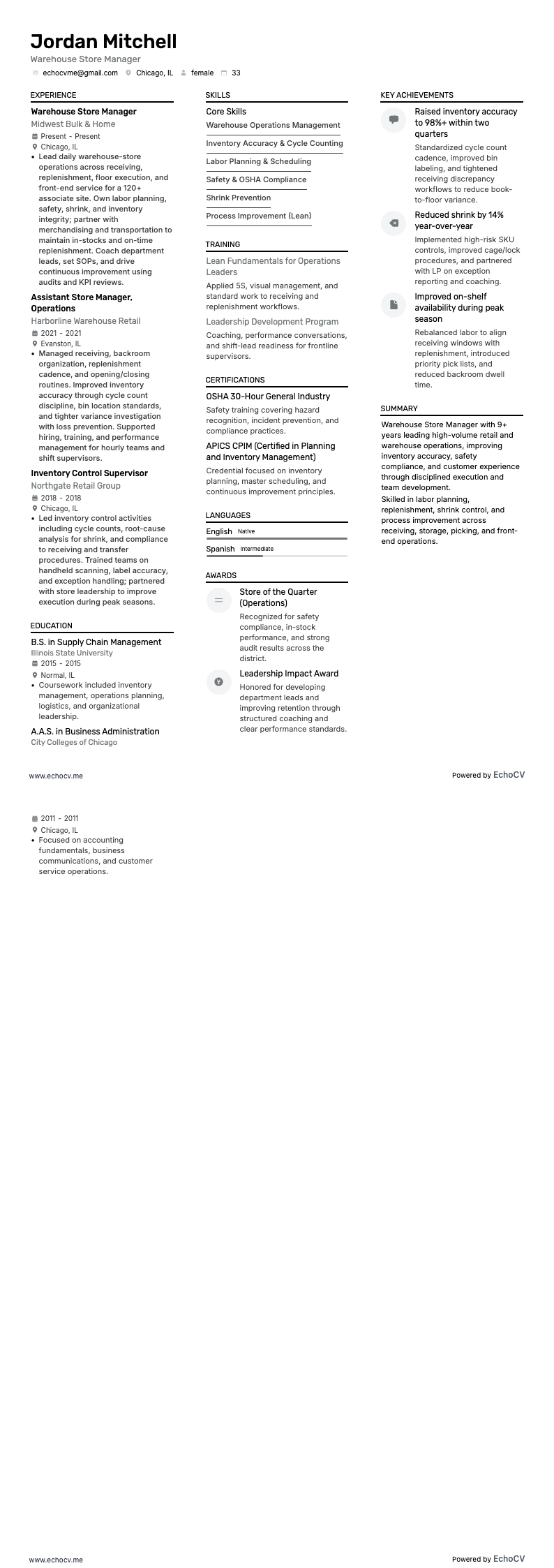 Warehouse Store Manager example resume