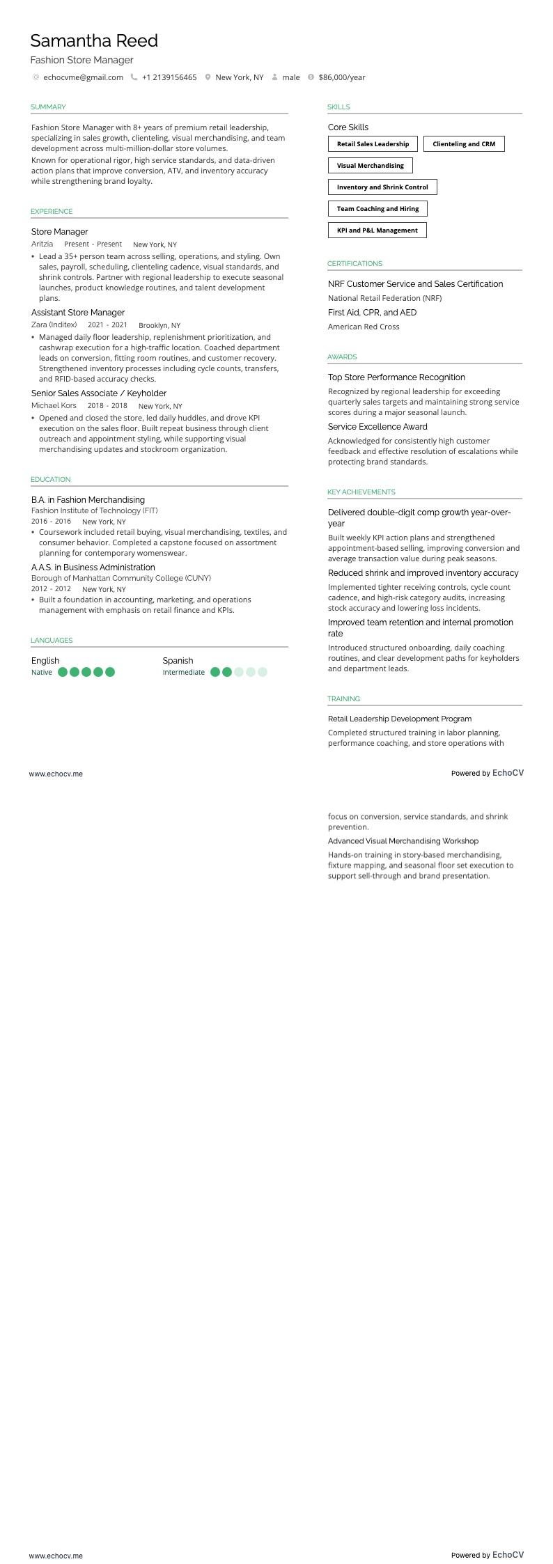 Fashion Store Manager example resume