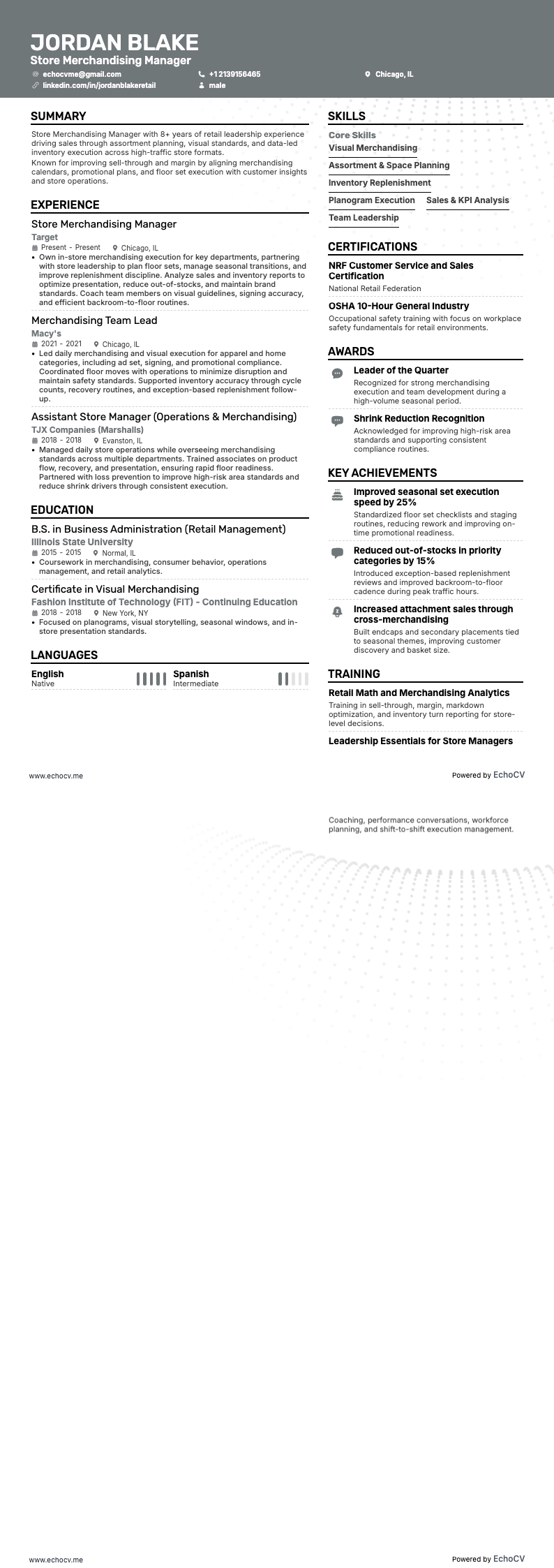 Store Merchandising Manager example resume