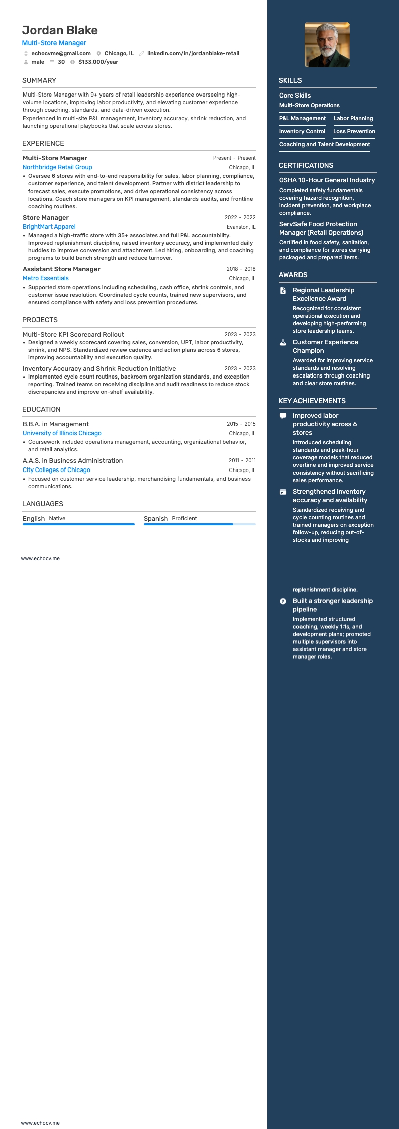Multi-Store Manager example resume