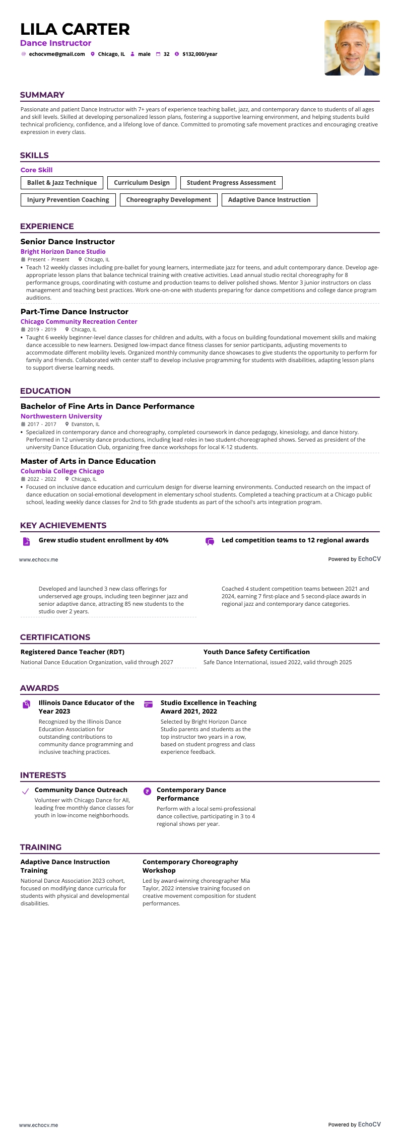 Instrutor de dança example resume