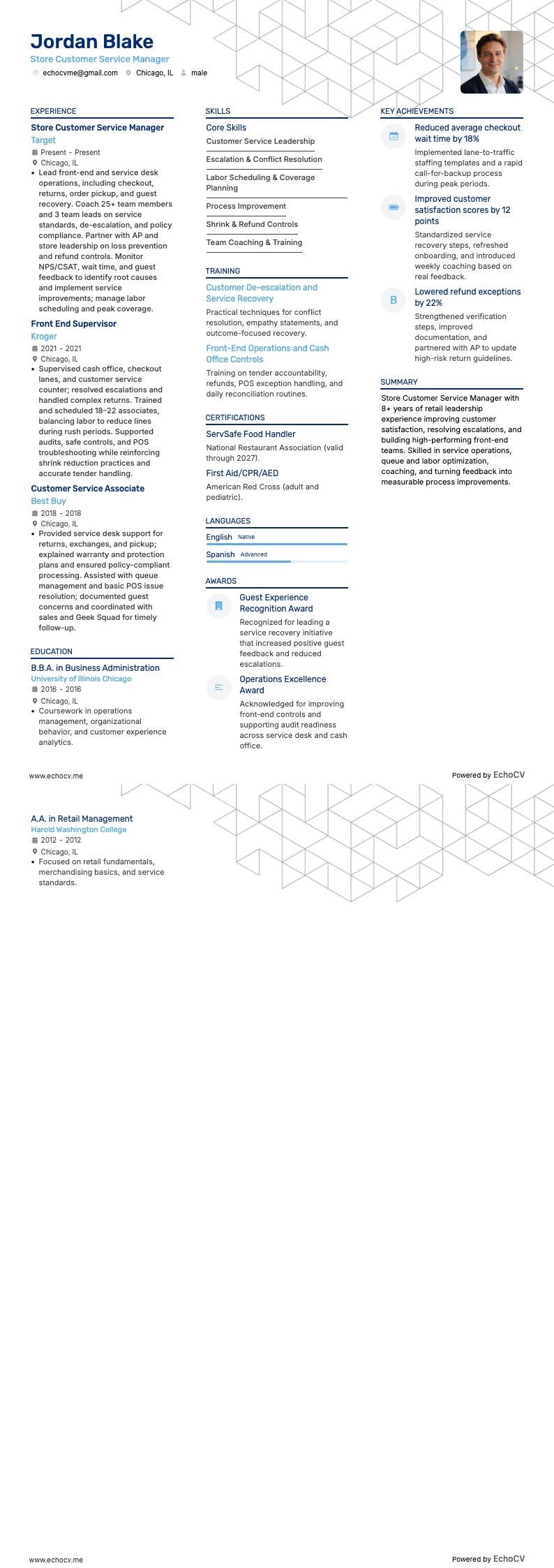 Store Customer Service Manager example resume