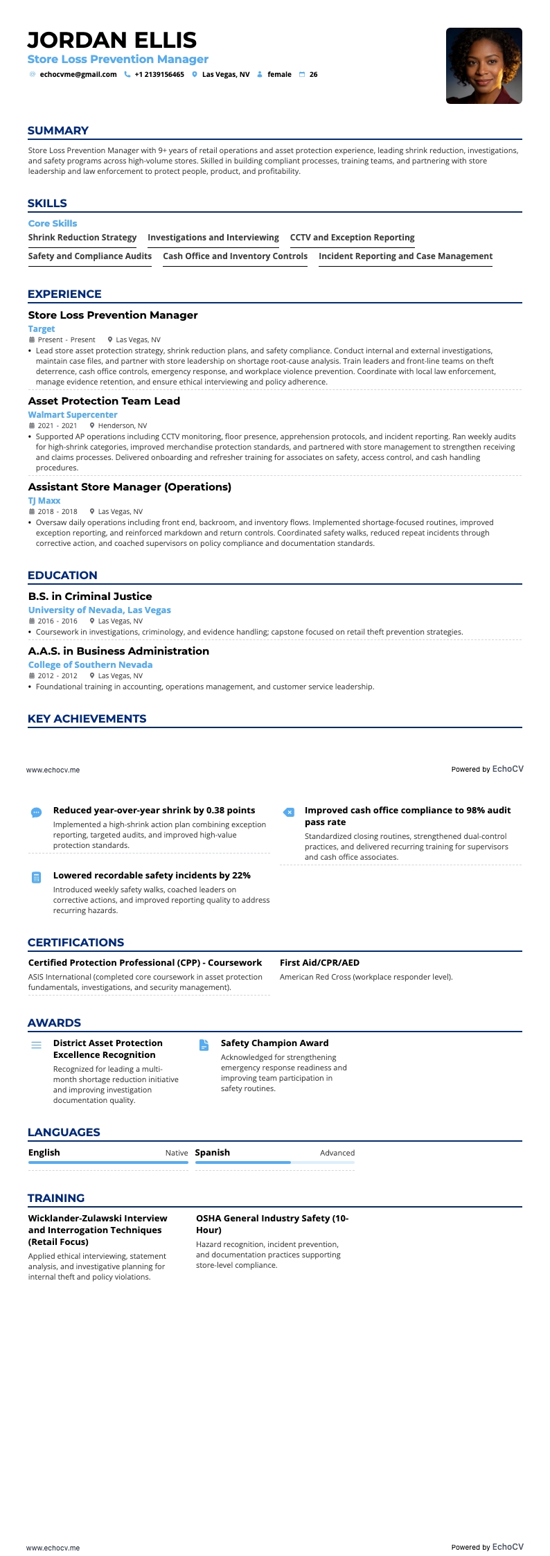 Store Loss Prevention Manager example resume