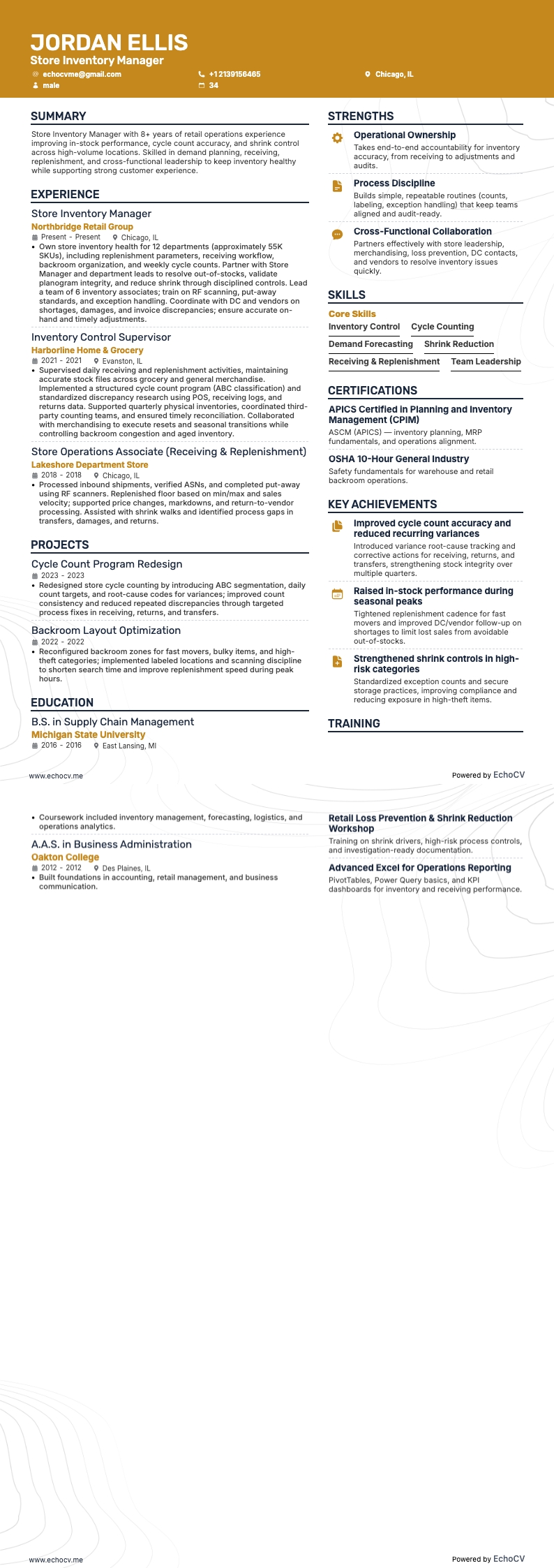 Store Inventory Manager example resume