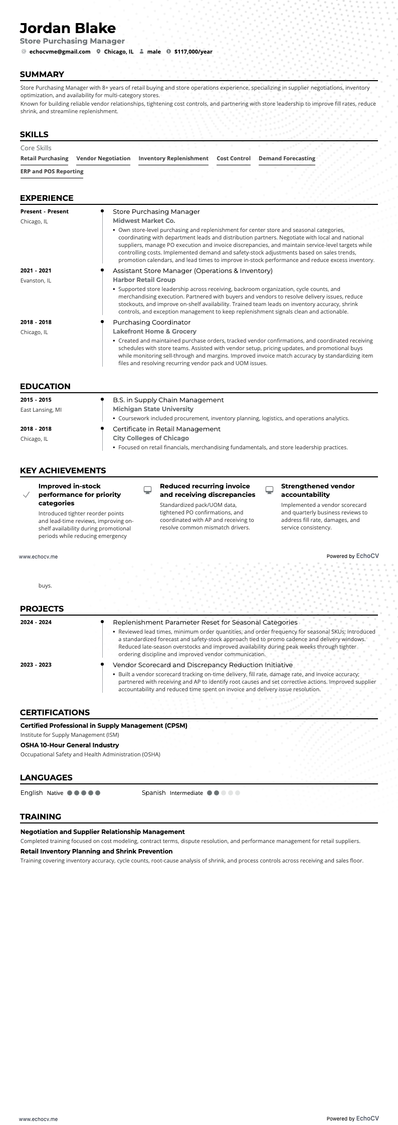Store Purchasing Manager example resume