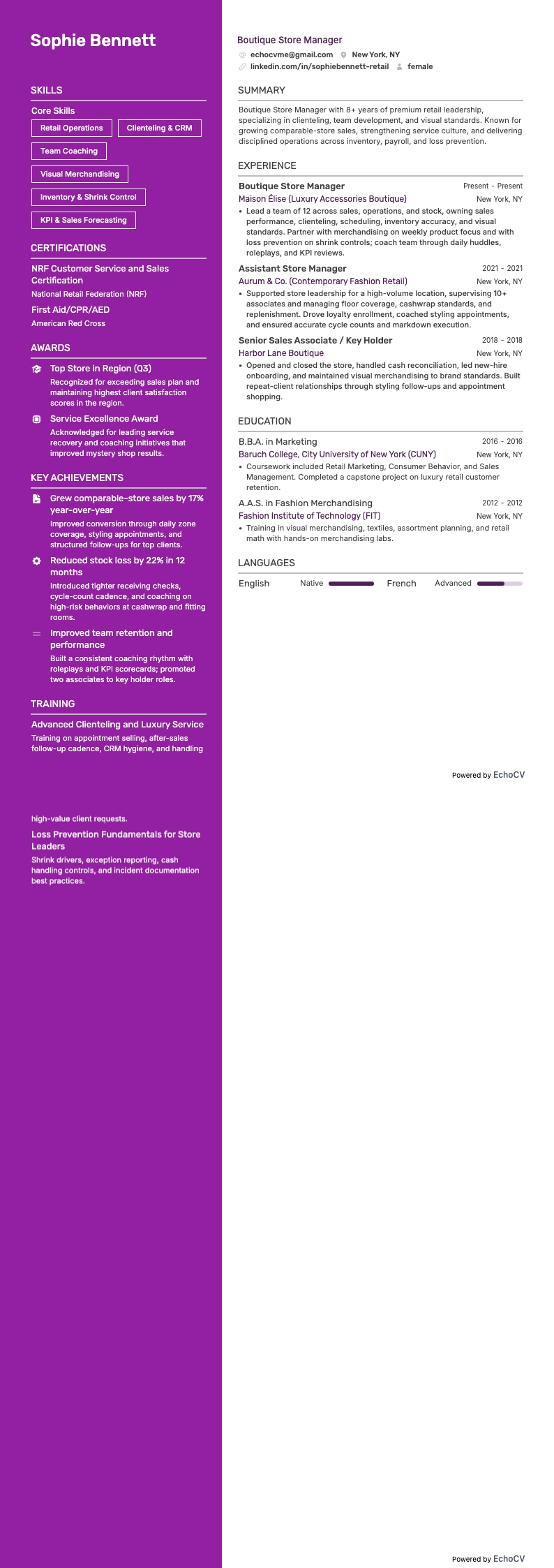 Boutique Store Manager example resume