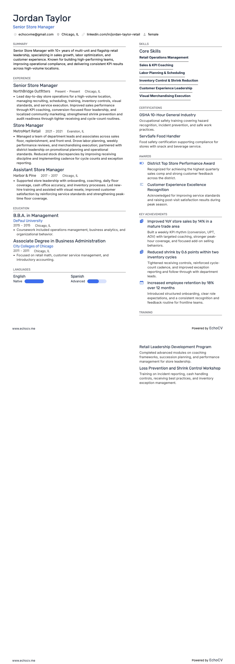 Senior Store Manager example resume