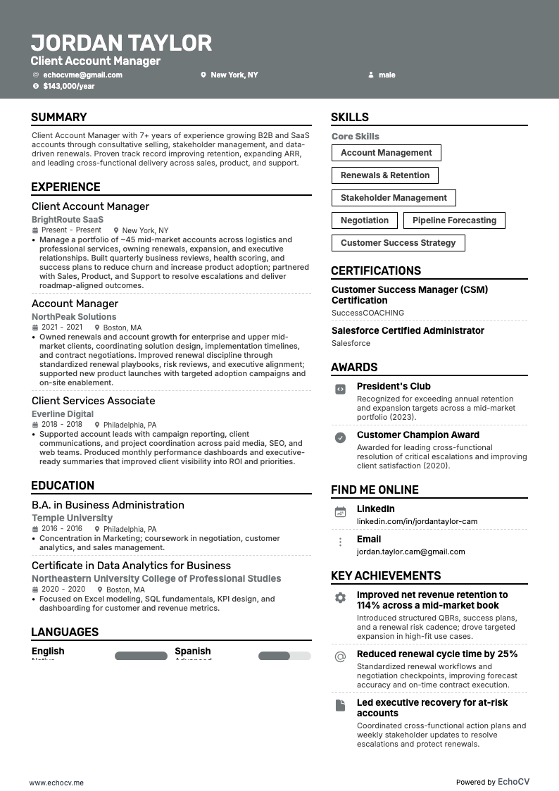 Client Account Manager example resume