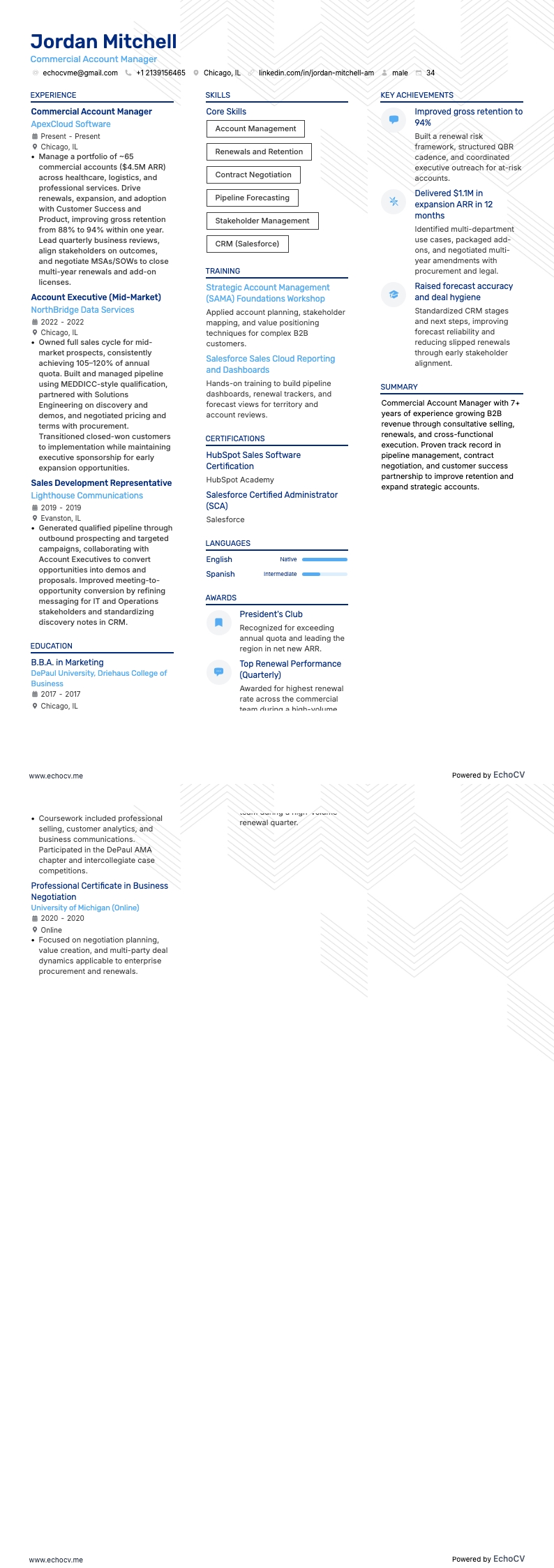 Commercial Account Manager example resume