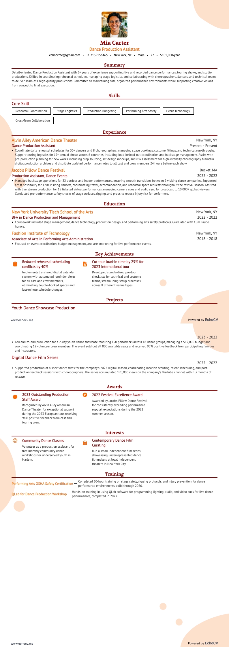 Assistente de produção de dança example resume