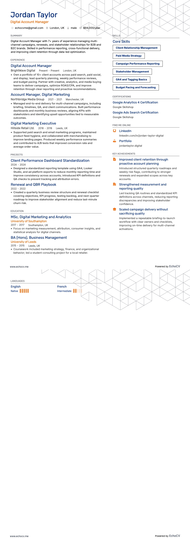 Digital Account Manager example resume