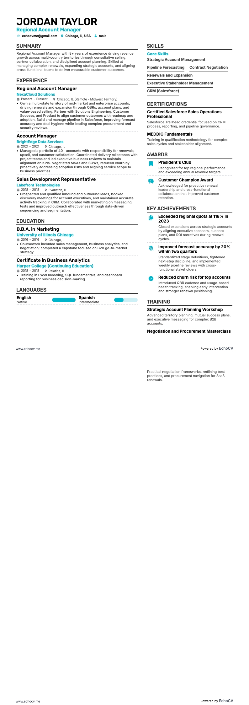 Regional Account Manager example resume