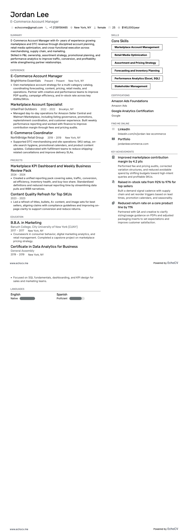 E-Commerce Account Manager example resume