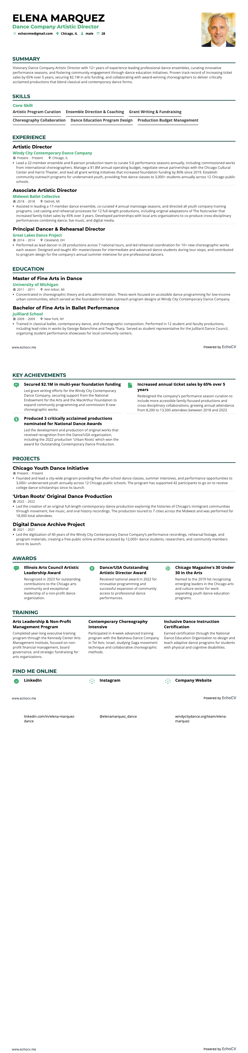 Diretor artístico de companhia de dança example resume