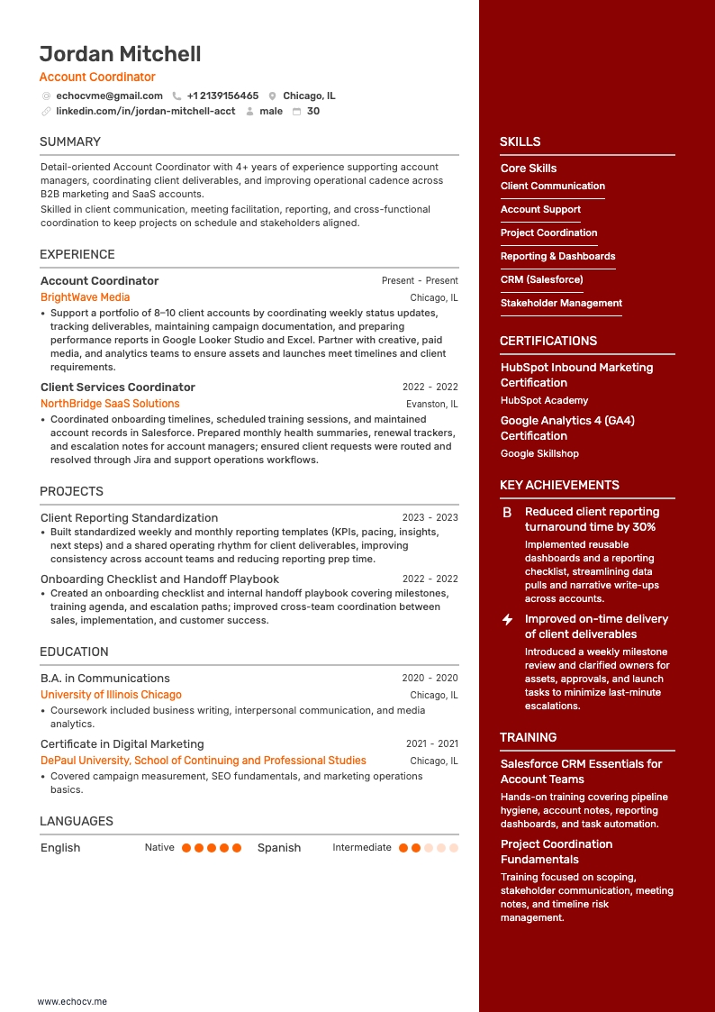 Account Coordinator example resume