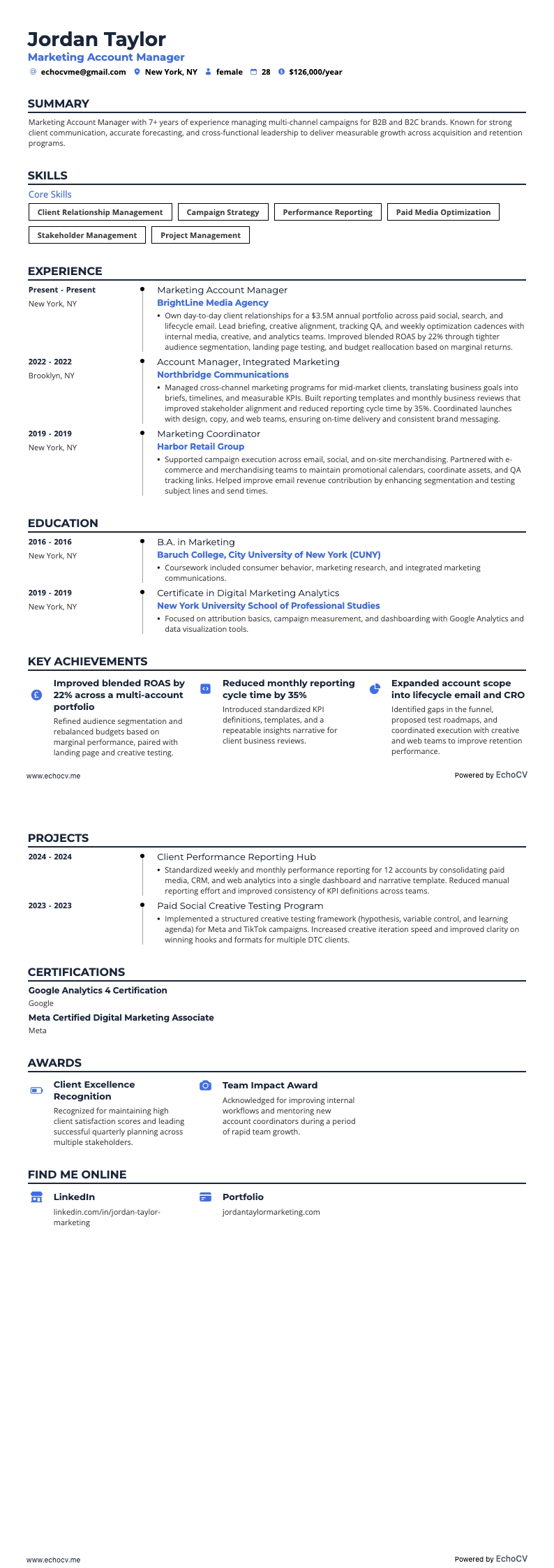 Marketing Account Manager example resume