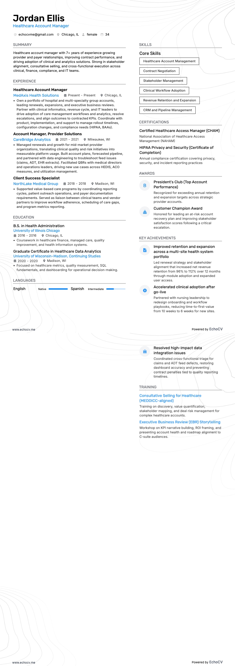 Healthcare Account Manager example resume