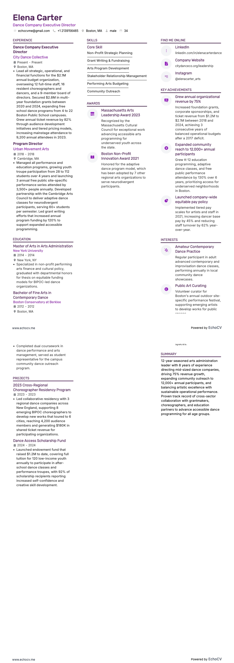 Diretor executivo de companhia de dança example resume