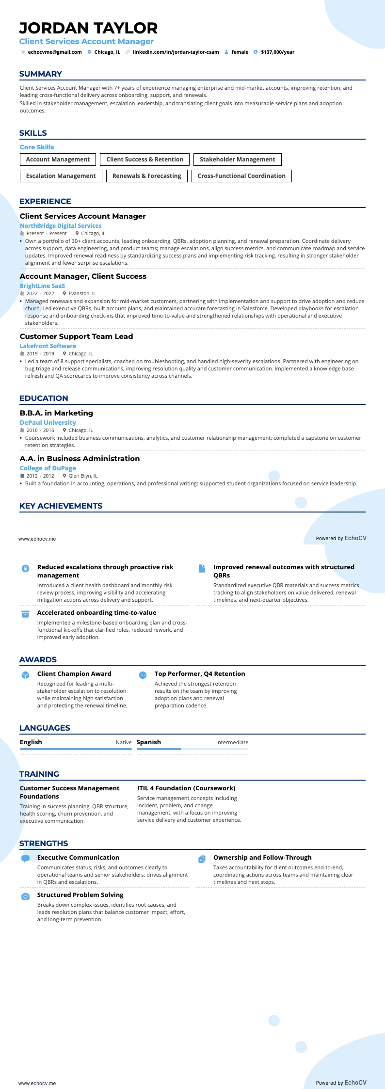 Client Services Account Manager example resume