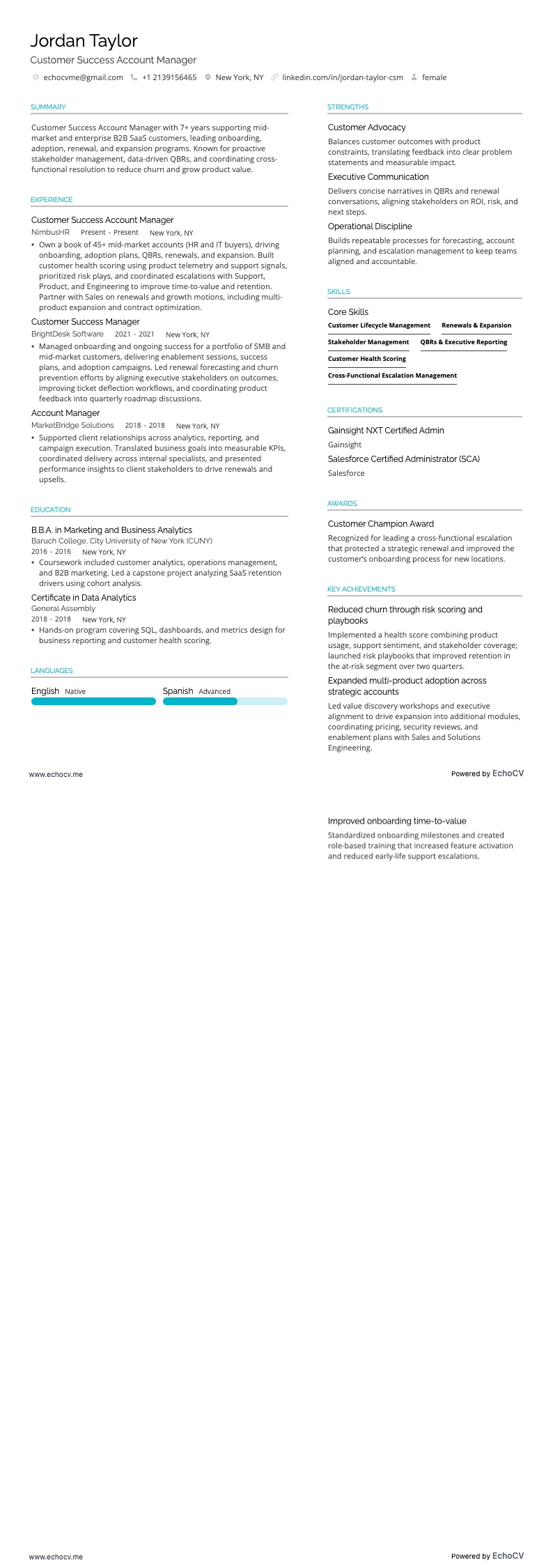 Customer Success Account Manager example resume