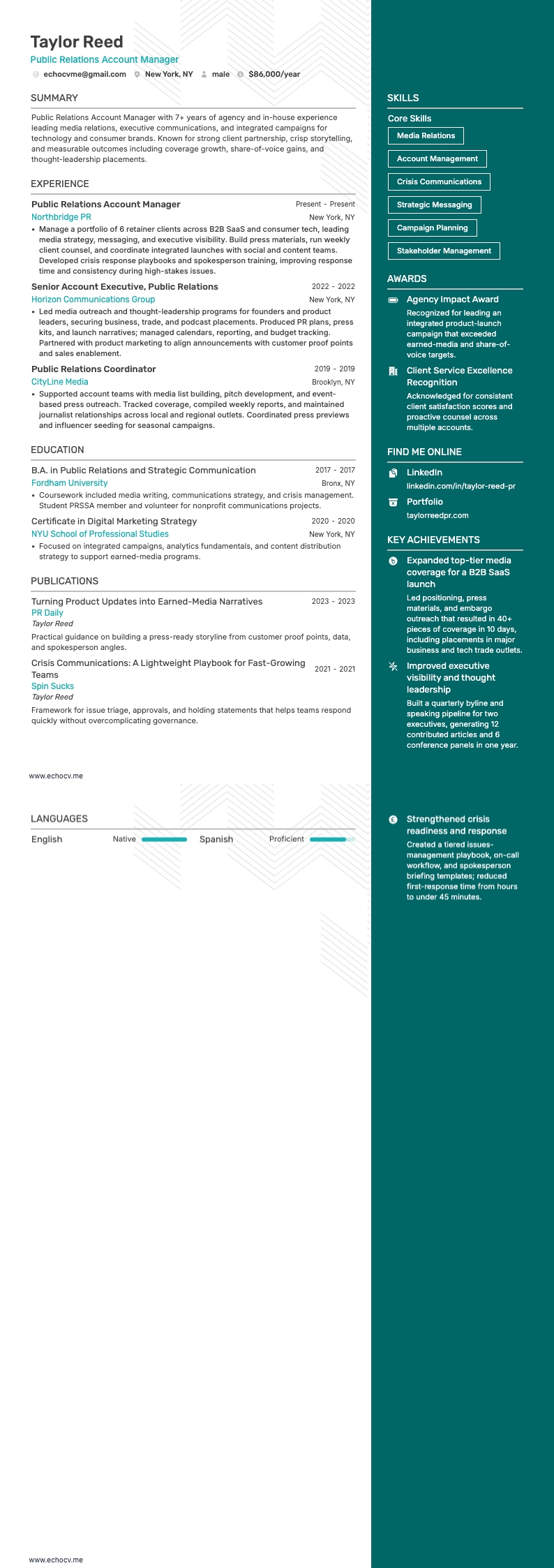 Public Relations Account Manager example resume