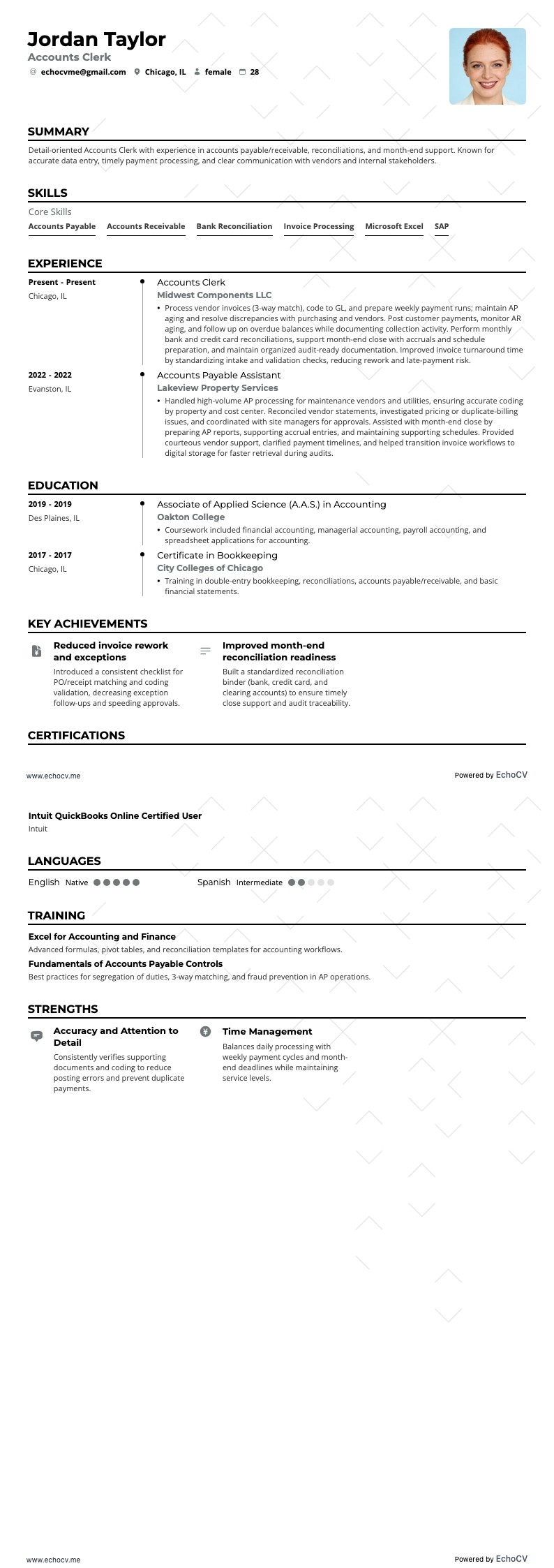 Accounts Clerk example resume