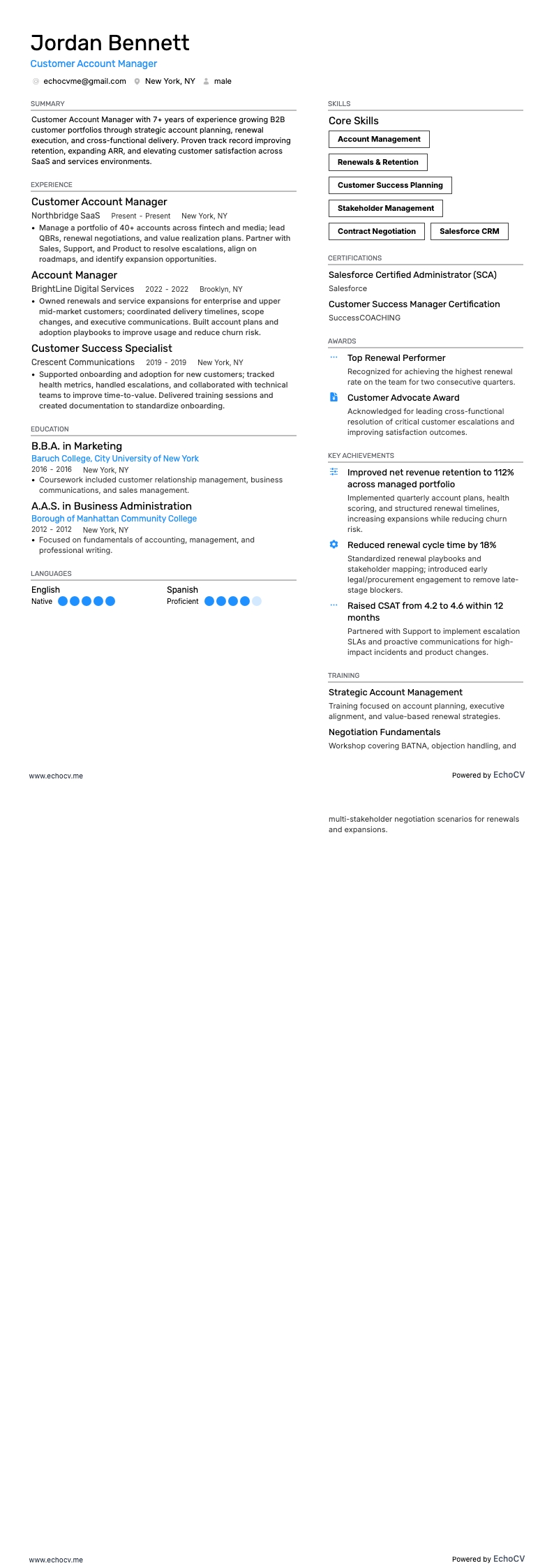 Customer Account Manager example resume