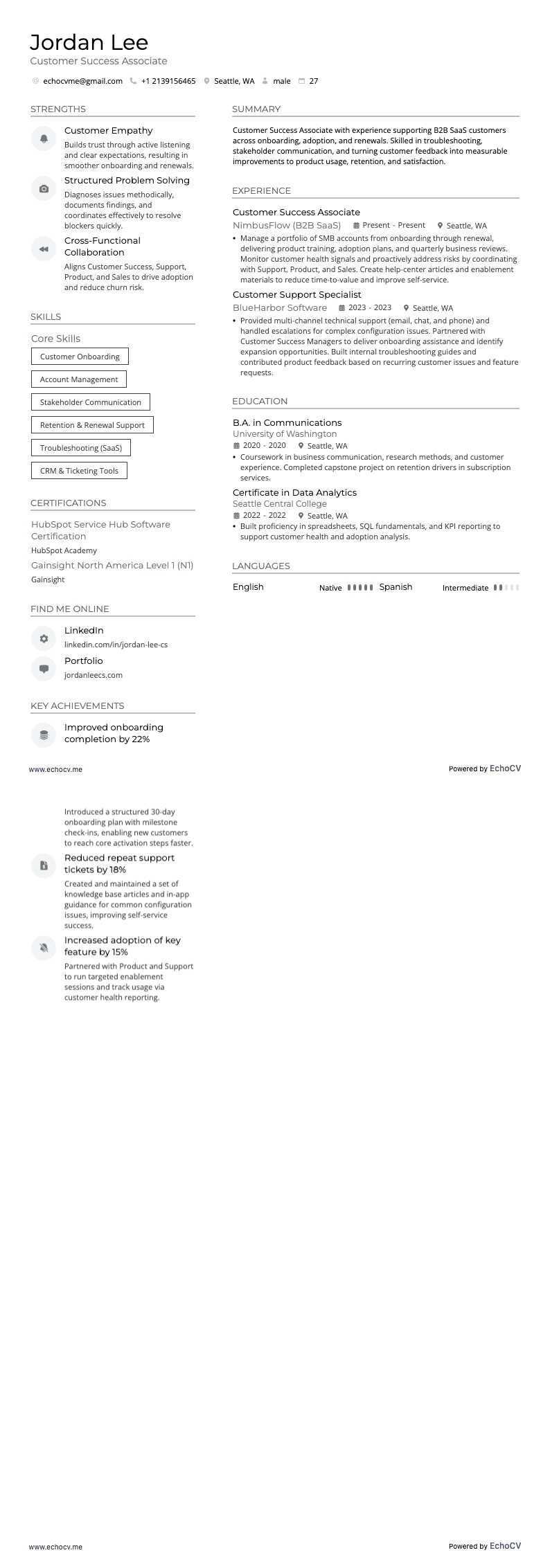 Customer Success Associate example resume