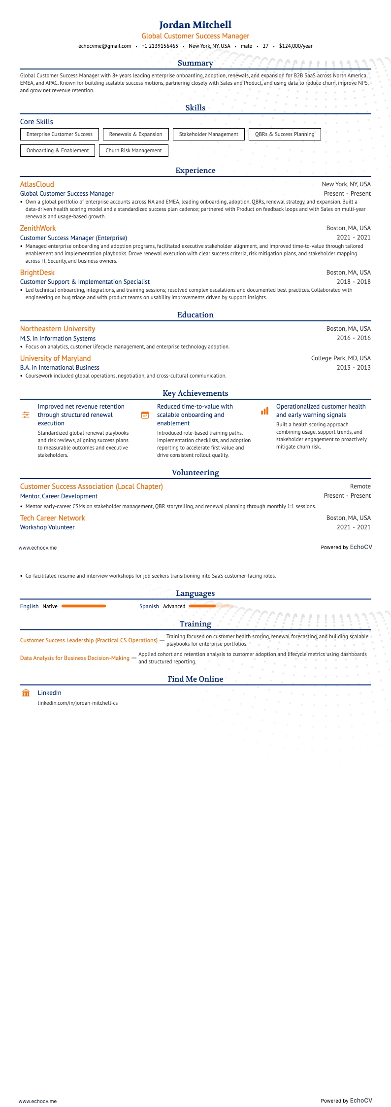 Global Customer Success Manager example resume