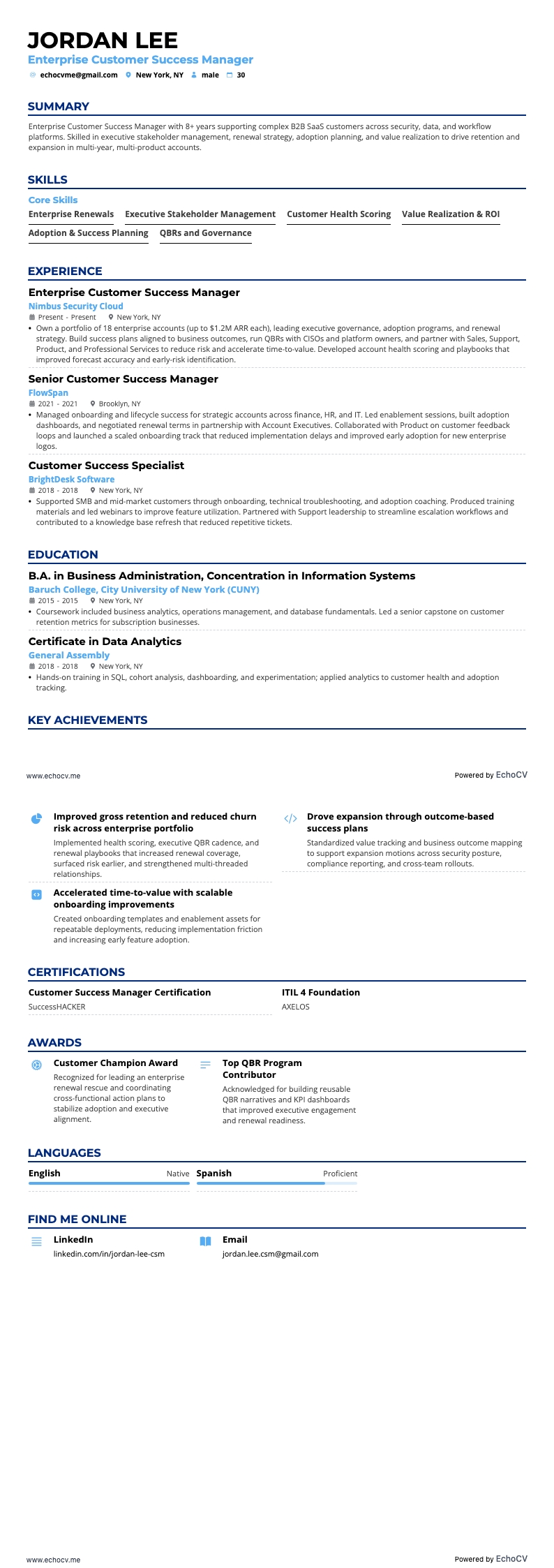 Enterprise Customer Success Manager example resume