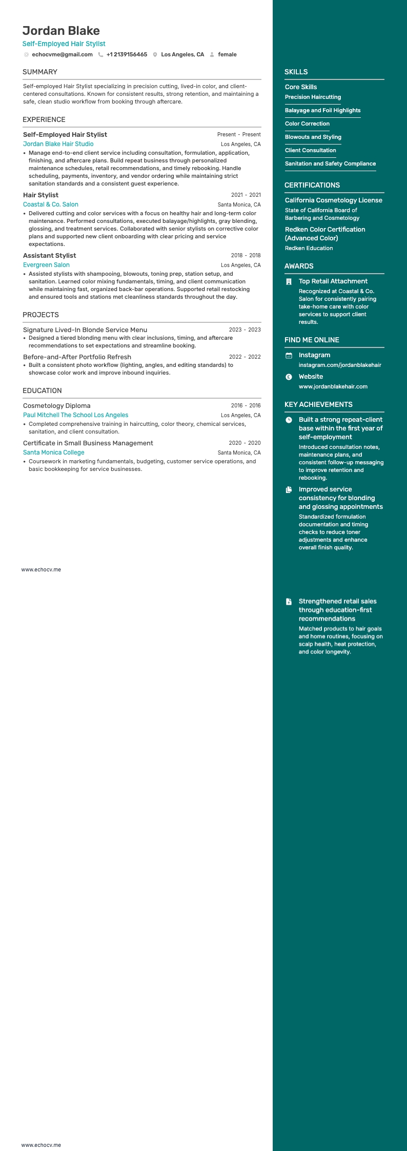 Coiffeur / Coiffeuse resume example