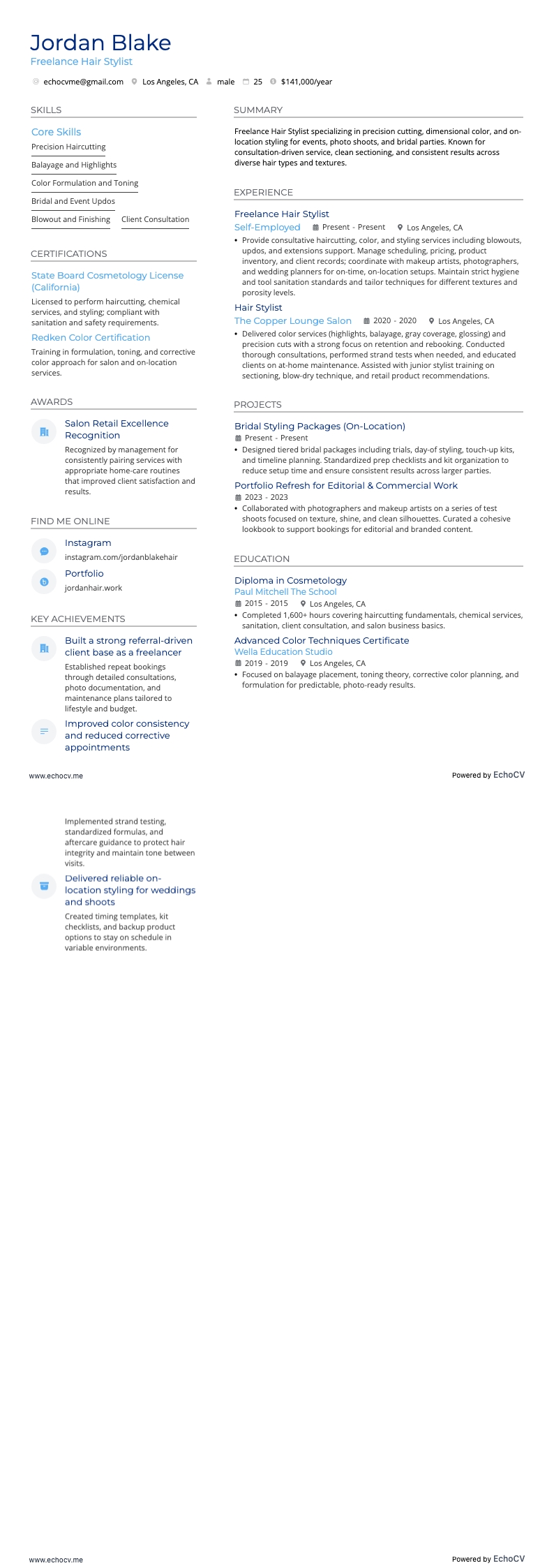 Freelance Hair Stylist example resume