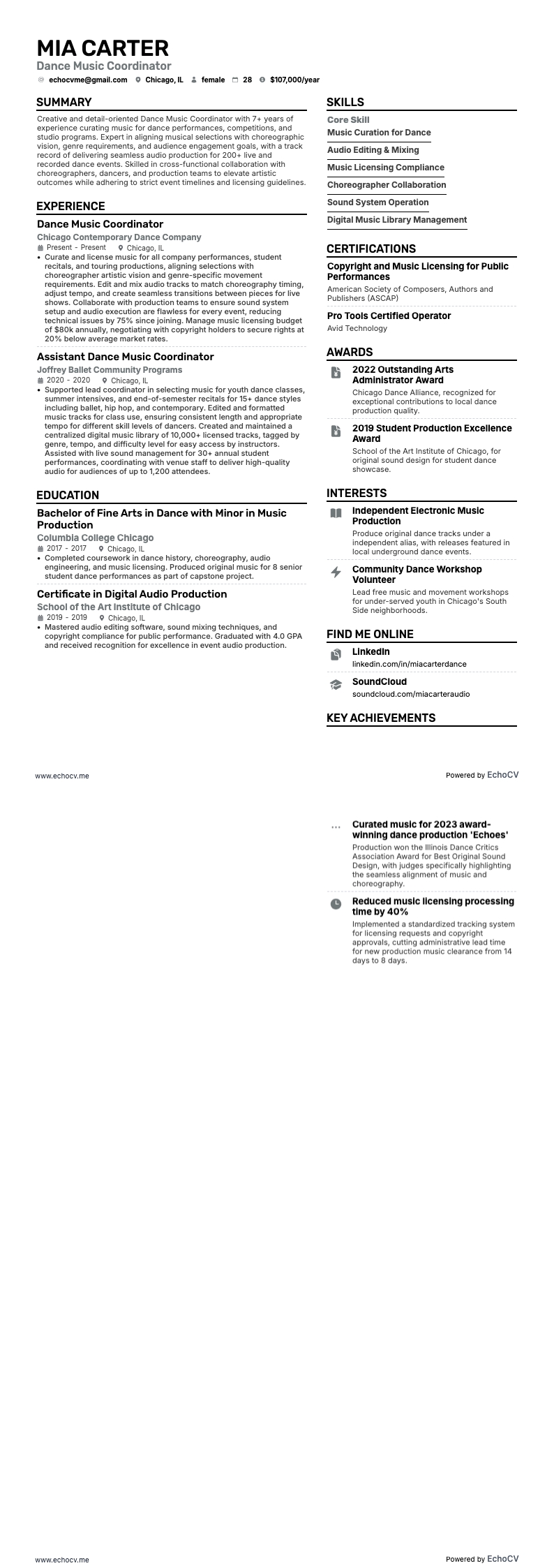 Dança resume example