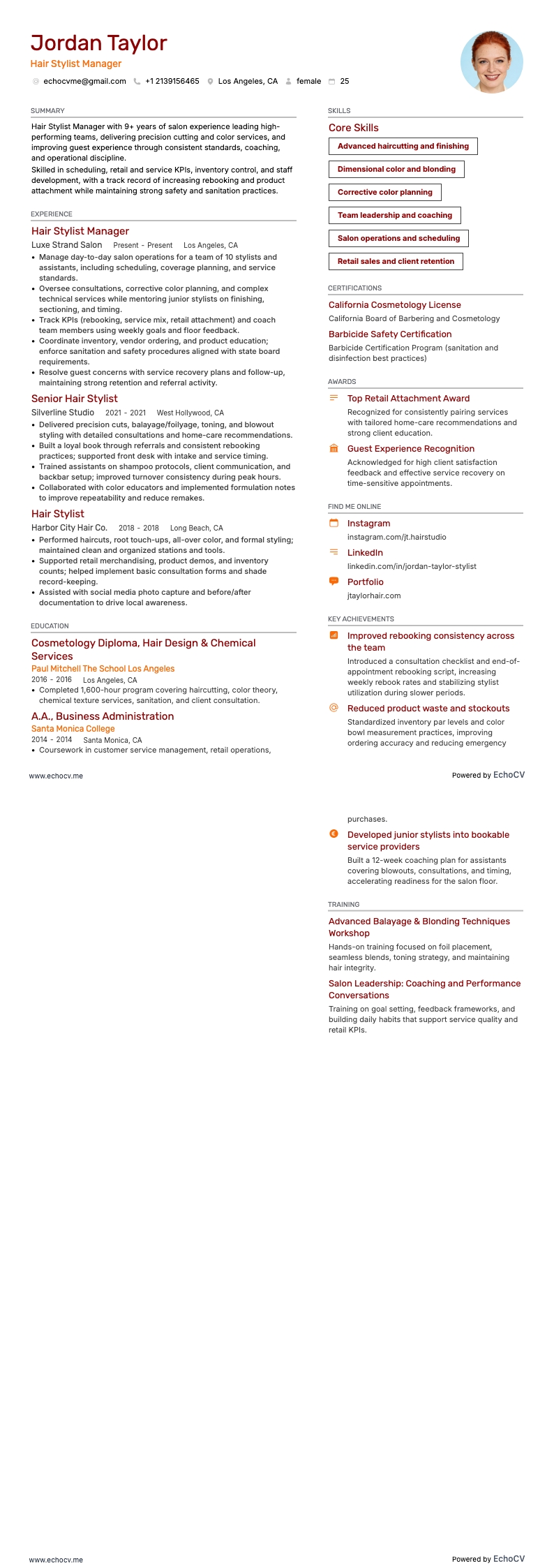 ヘアスタイリスト resume example