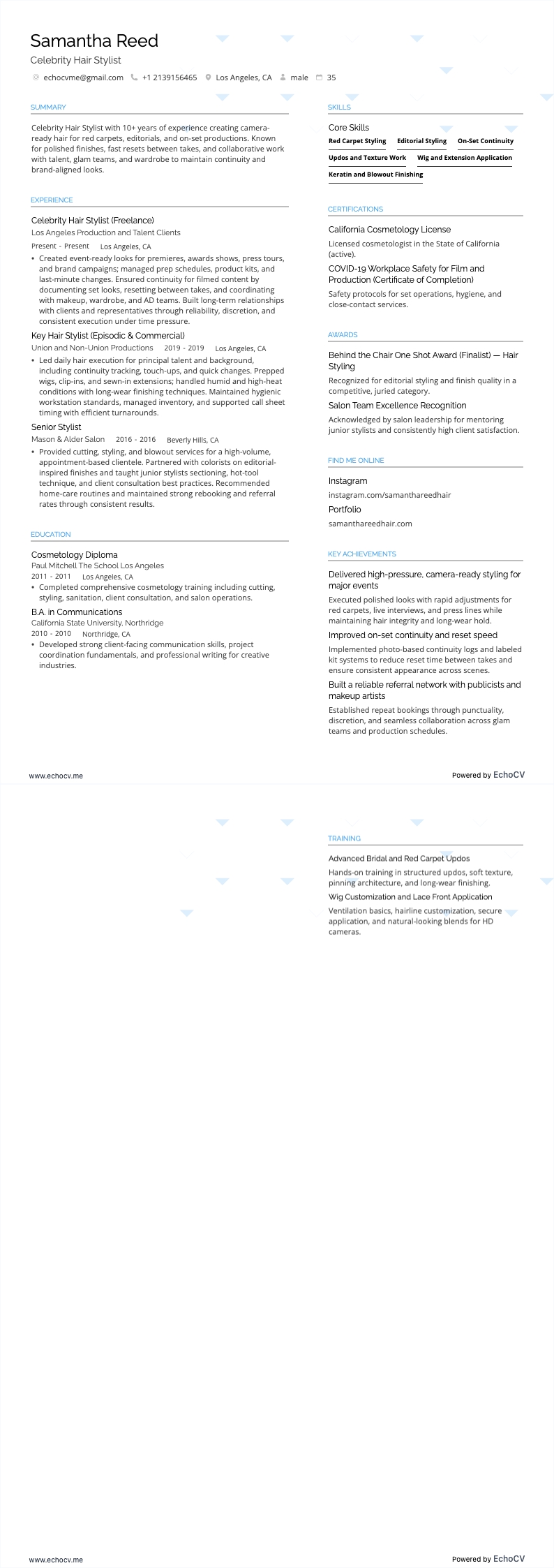 Celebrity Hair Stylist example resume