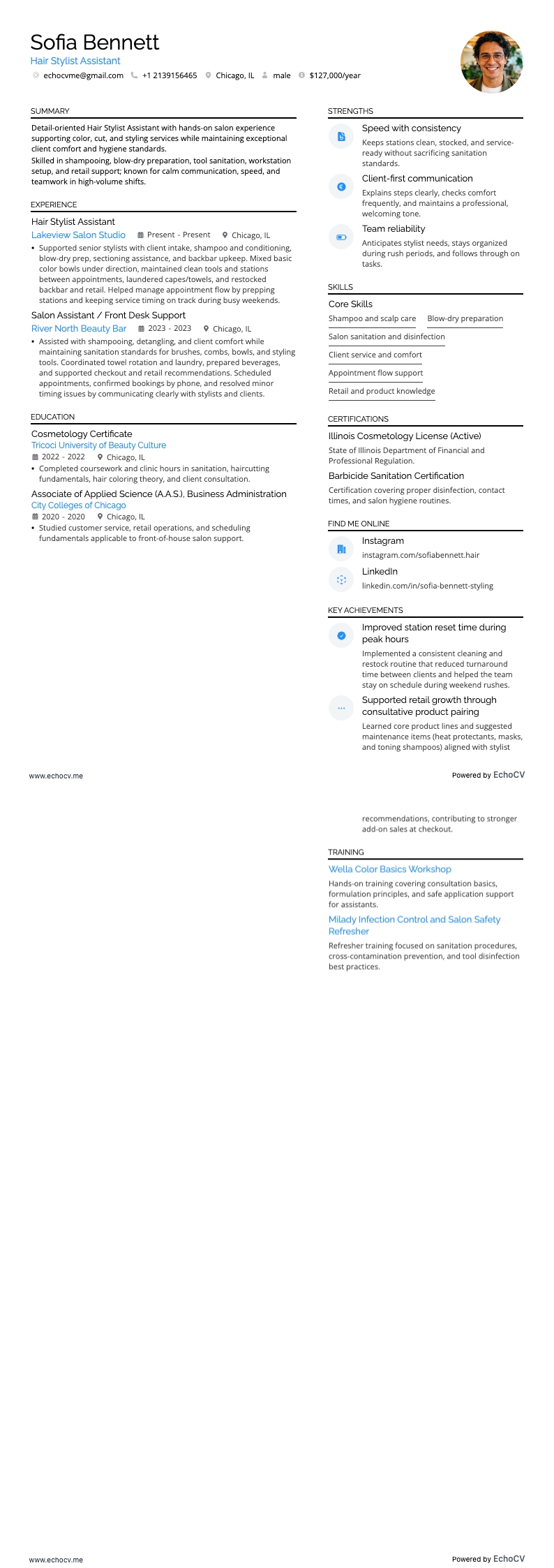 Hair Stylist Assistant example resume