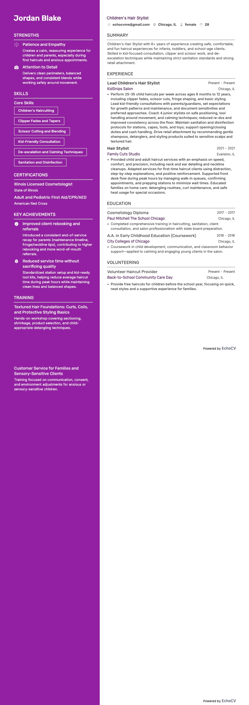 Cabeleireiro/a resume example