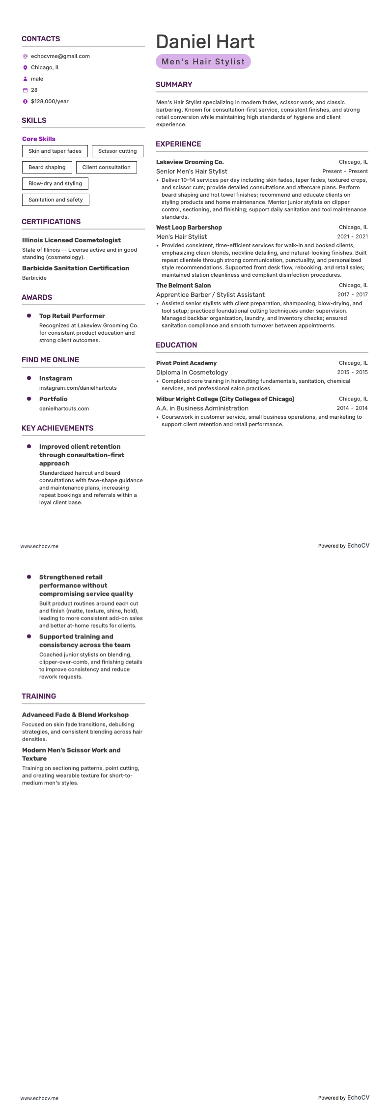 Nhà tạo mẫu tóc resume example