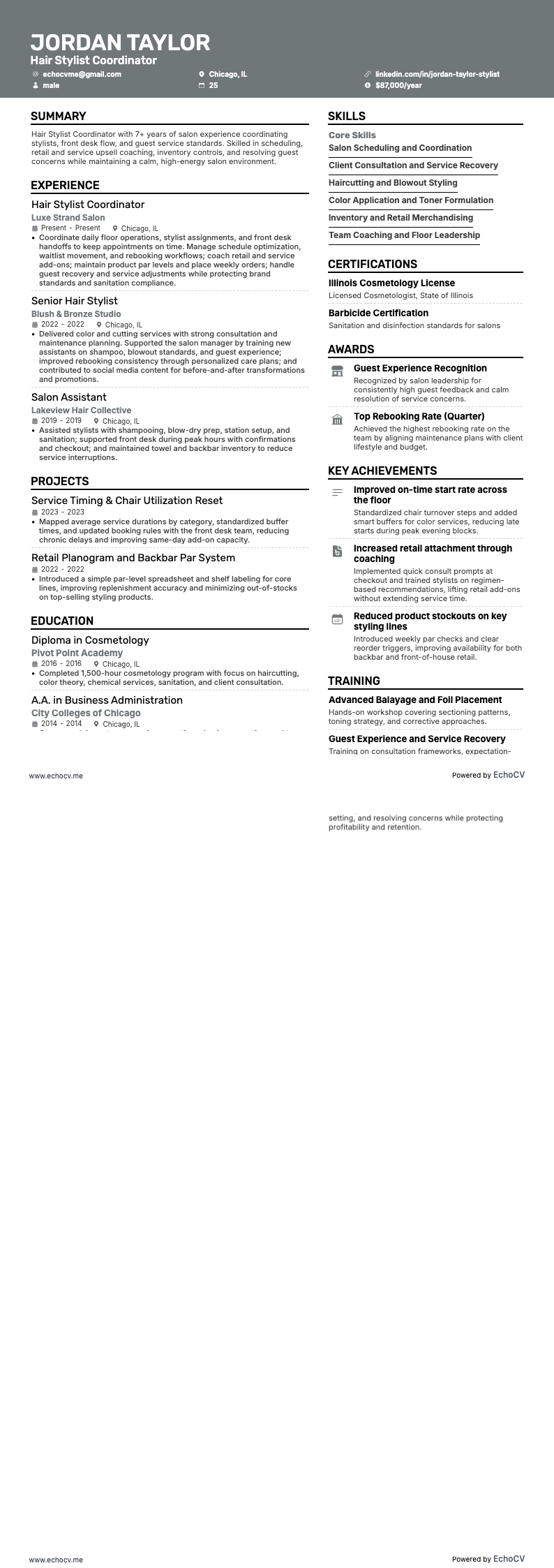 Hair Stylist Coordinator example resume