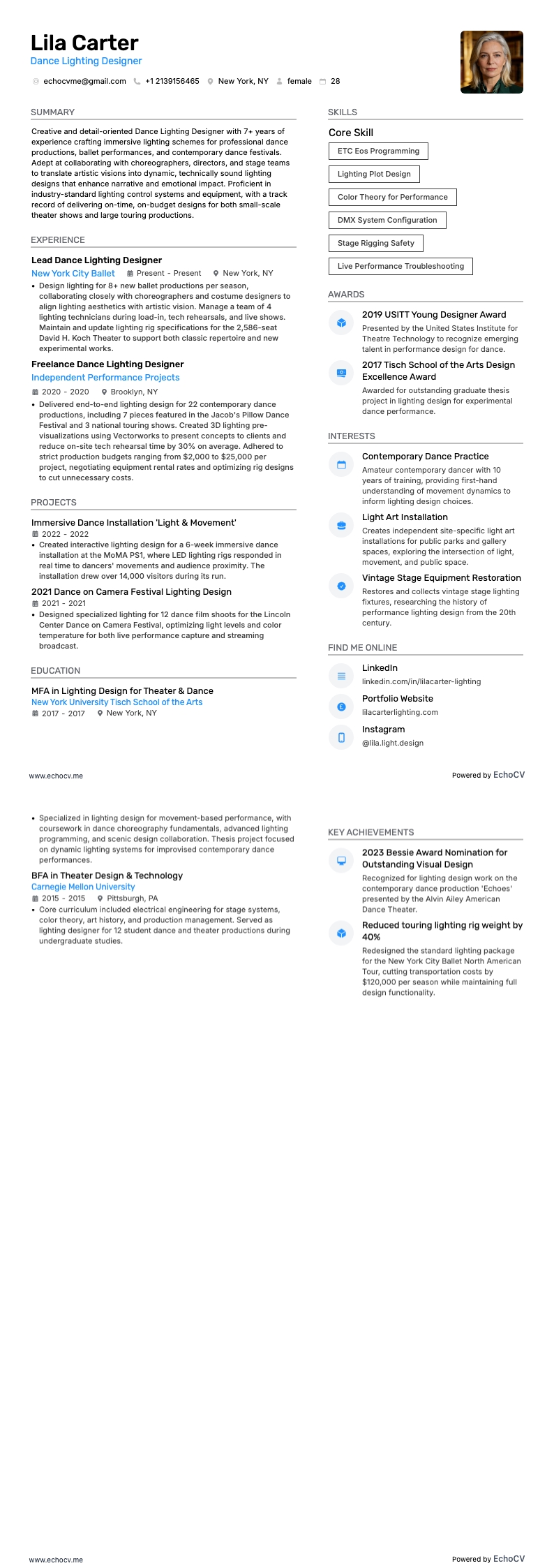Designer de iluminação para dança example resume