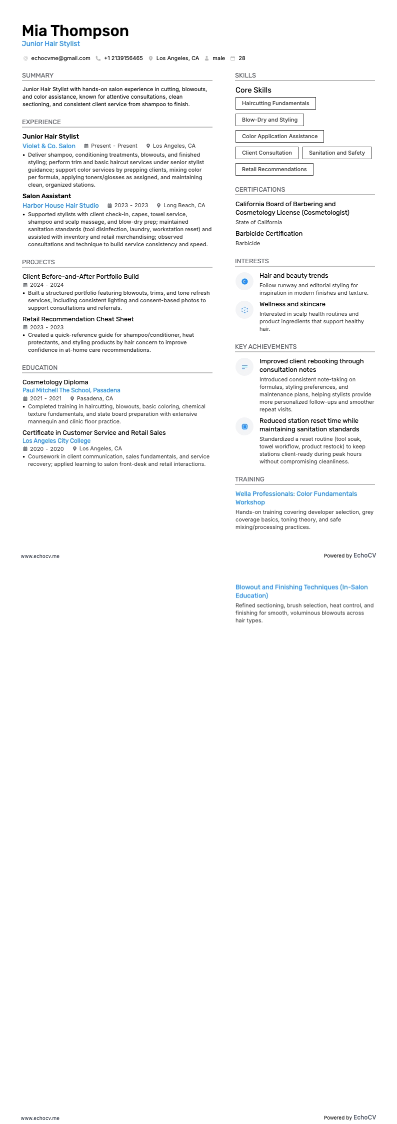 Junior haarstylist resume example