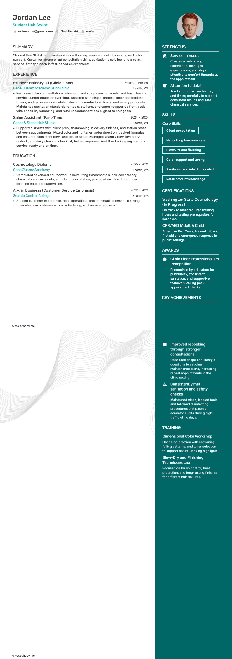 Student Hair Stylist example resume