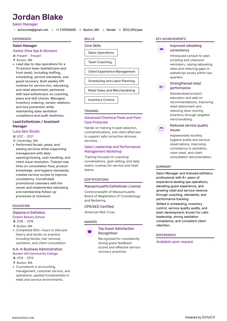 Salon Manager example resume