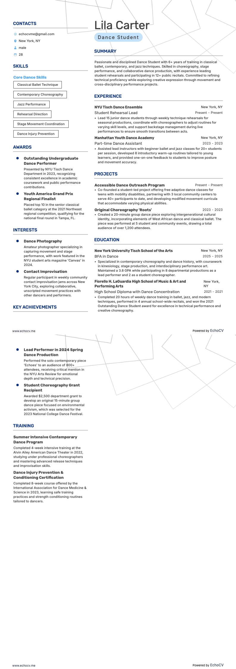 Estudante de dança example resume