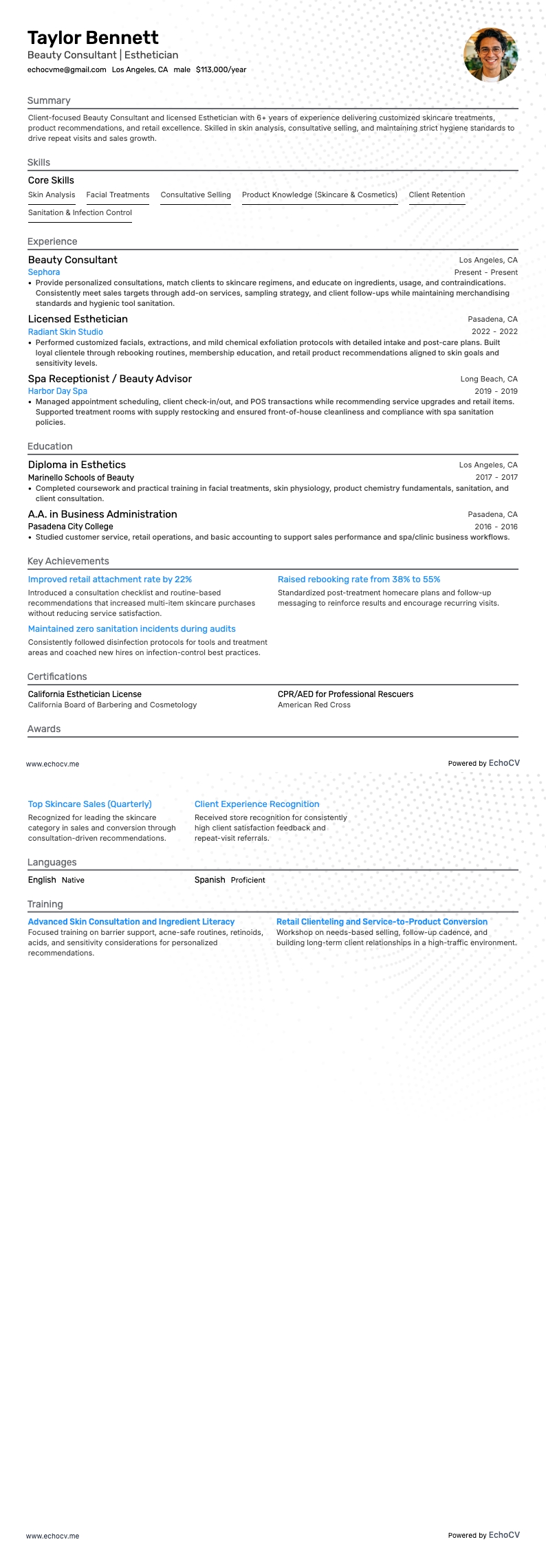 Esthéticien/ne resume example