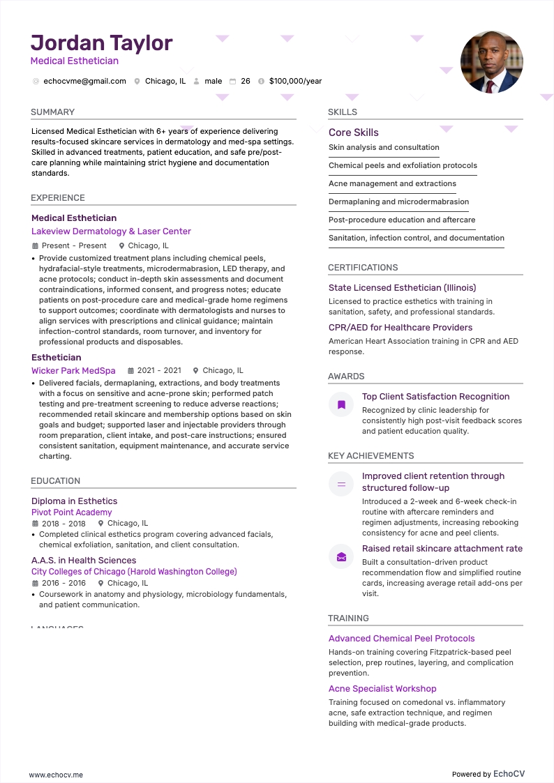 Medical Esthetician example resume